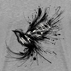 ein schwarzer Vogel auf einem grauen Shirt in Inkart, kleiner schwarzer Vogel in inkart