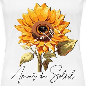 ein Shirt mit einer Sonnenblume und einer französischen Unterschrift, Sonnenblume im Gemälde-Stil