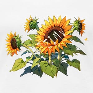 a group of sunflowers on a white shirt, Cartoon Style Cartoon-Sonnenblumenstrauss