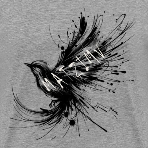 ein schwarzer Vogel auf einem grauen Shirt in Inkart