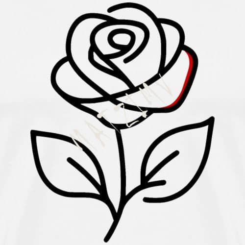 Eine schwarz-weiß Zeichnung einer Rose auf einem Shirt